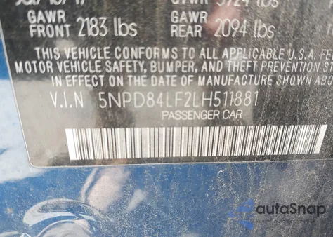 2020 Hyundai Elantra Sel z USA, uszkodzony, nr VIN 5NPD84LF2LH511881